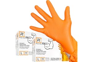 R MOVE 50+50 Guanti in nitrile Diamond 8,5 gr. con 140% di SPESSORE rispetto al 3,5 gr - Guanti antiscivolo con Grip su tutto il palmo per una perfetta presa - Arancione, L (9)