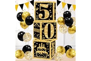 QIFU 50th Birthday Decorations Boxes for Men Women - 3pcs 50th Birthday Boxes Black and Gold, 50 Birthdays Party Decoration Black Gold Table Centrepiece Decoration for Men Grandfather Gift 50 Year Old