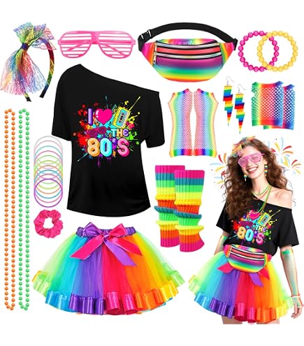 Déguisement Années 80 Femme – 26 Pièces – Chemise Résille, Gilet Fluorescent, Leggings Néon, Bandeau, Bijoux – Multicolore
