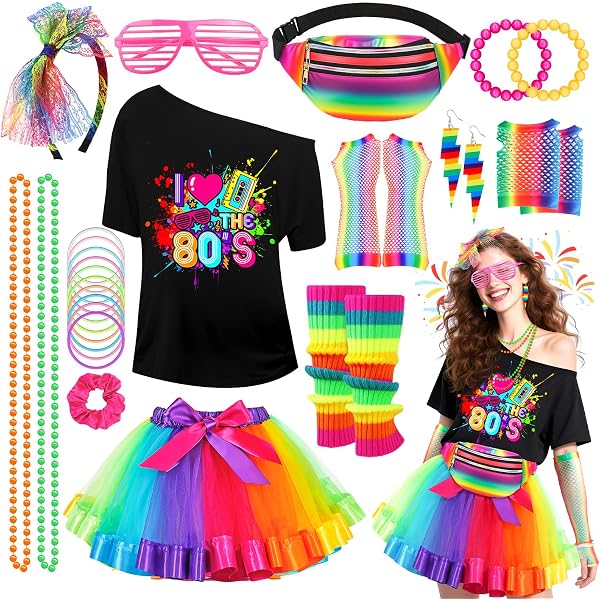 26 pièces costume des années 80, tenue de fête discothèque, néon des années 90, t-shirt, tutu, bracelet, sac banane, lunettes, bracelet, colliers, jambières, tenue année, fête à thème, carnaval, femme 26 pièces costume des années 80, tenue de fête discothèque, néon des années 90, t-shirt, tutu, bracelet, sac banane, lunettes, bracelet, colliers, jambières, tenue année, fête à thème, carnaval, femme