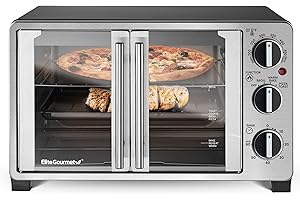 Elite Gourmet ETO2530M - Horno tostador de encimera de doble puerta francesa, hornear, asar, tostar, mantener el calor, se adapta a pizza de 12 pulgadas, capacidad de 25 l, acero inoxidable y negro