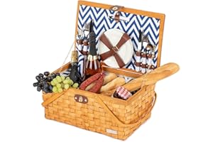 LIVIVO 4 Person Traditional Wooden Weave Picnic Wicker Hamper Willow Basket Snack Drink Storage – Includes Ceramic Plates, Glasses, Cutlery, Bottle Opener, Napkins