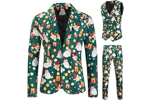 RTGSE Herren Weihnachtsanzug Hässliche Weihnachtskostüm Anzug Jacke + Ärmellose Weste + Lange Hosen Hose 3 Stück Kleidung Sets für Party