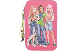 Depesche 12910 TOPModel Joy - Gefüllte 3-Fach Federtasche in Pink, mit Model Motiv und Anhänger, Federmappe mit Buntstiften, Lineal, Schere uvm.