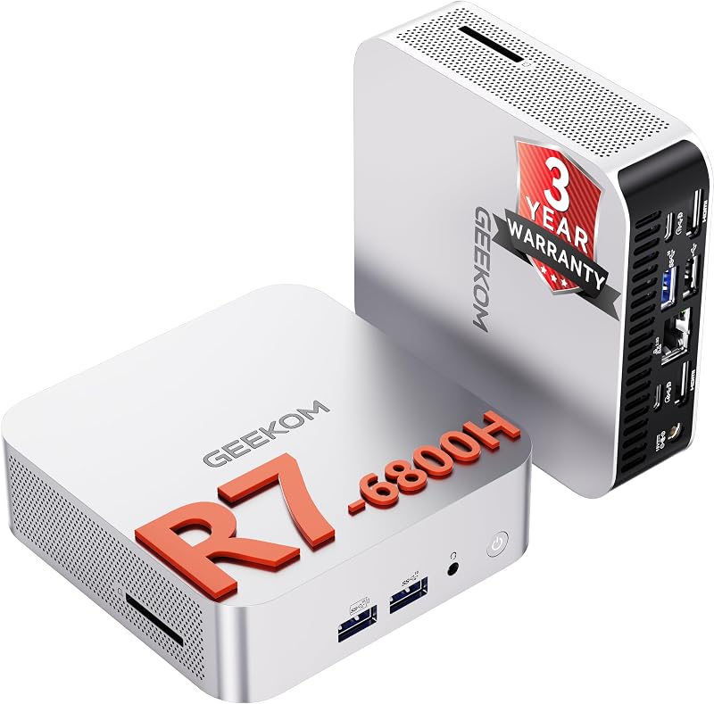 GEEKOM A6 Mini PC Windows 11 Pro, with AMD Ryzen 7 6800H (Beats 7640HS), 16GB High Speed DDR5 RAM (Up to 96GB) & 1TB SSD, Dual USB4.0 & Dual HDMI Quad Display for Video Editing/Gaming/Graphic Design
