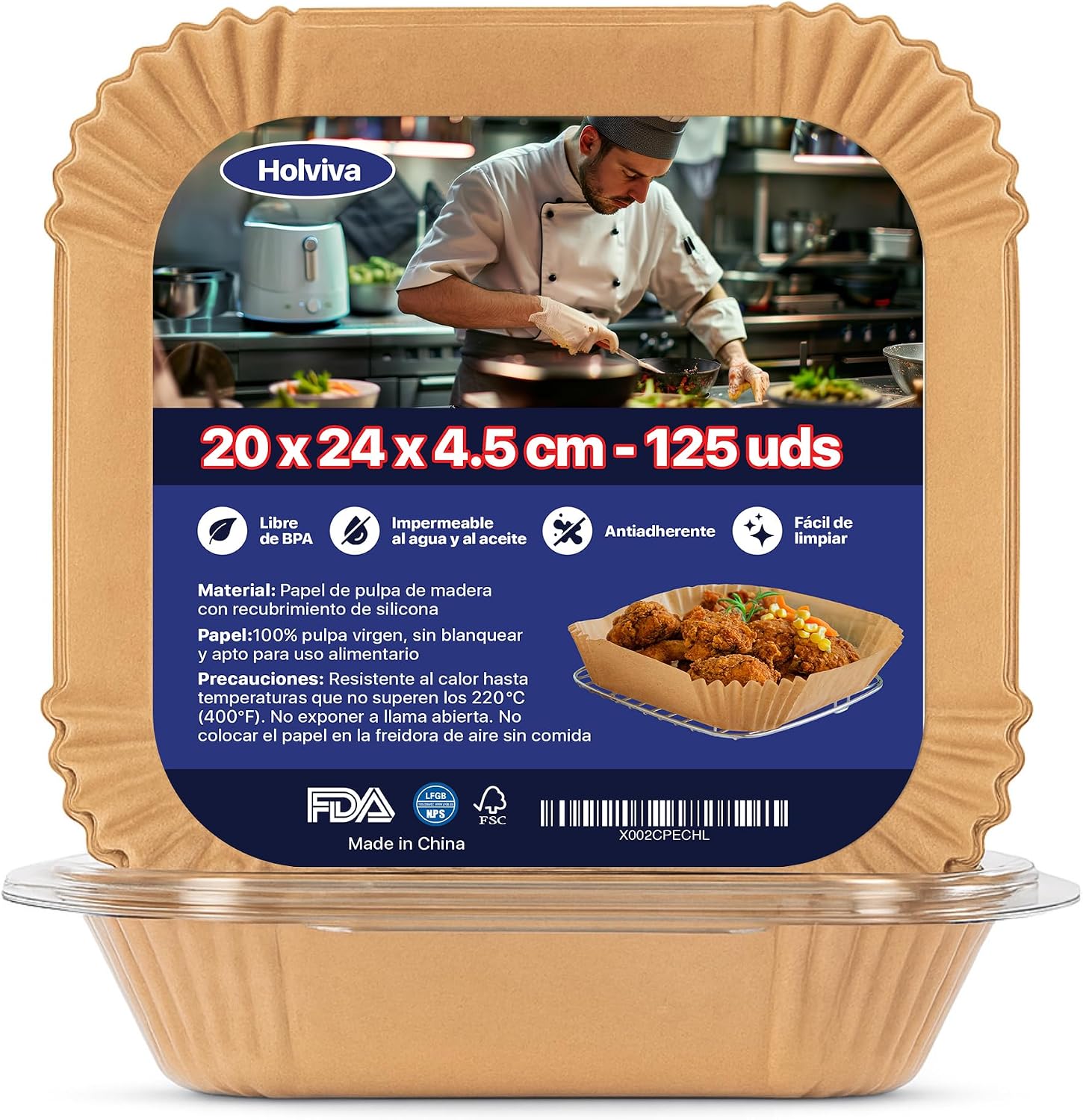 Papel para Air Fryer Desechable Antiadherente Premium 125 Unidades, Papel para Freidora de Aire 20x24 cm, Resistente al Calor, Sin BPA, Compatible con Cosori, Cecotec, Ninja y Philips – Holviva