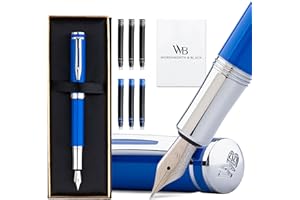 WORDSWORTH & BLACK Wordsworth and Black Fountain Pen Mini EDC Penna Tascabile Blu, Cromo, Pennino Medio, 6 Cartucce d'Inchiostro, Convertitore d'Inchiostro, Set Regalo Penna Ricaricabile, Uomini & Donne