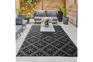 Enipate Outdoor Rugs for Patios Waterproof, 4x6ft Reversible Easy Cleaning Garden Rug, Portable Comfortable Woven Geometric Outdoor Carpet (Black & Grey)