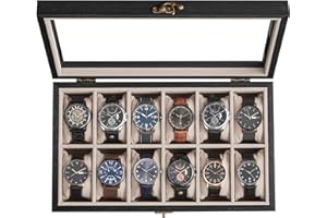 SONGMICS Caja para Relojes con 12 Compartimentos, Navidad, Caja para Relojes de Madera Maciza, con Tapa de Cristal, Cojín para Relojes, Regalo para Queridos, Negro Ébano JOW120B01