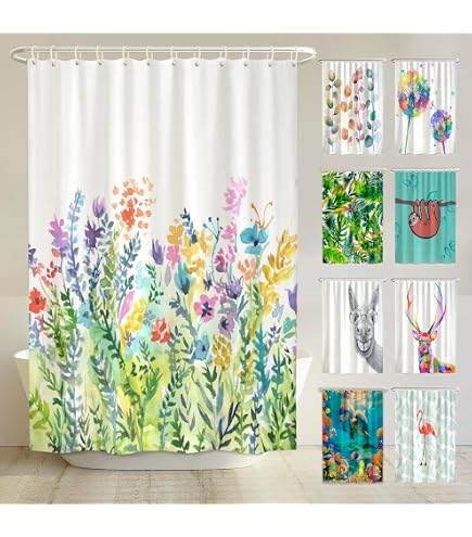 GKLEASG Duschvorhang Ohne Haken – Wildblumen-Muster, Wasserdicht, Maschinenwaschbar