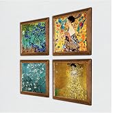 Pinecone Gustav Klimt, Van Gogh Taş Duvar Tablosu - Ahşap &Ccedil;er&ccedil;eveli Taş Tablo - 25x25 cm - 4 Par&ccedil;a Set - Dekoratif Duvar Sana