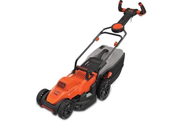 BLACK+DECKER Tondeuse Filaire 1400W, Tondeuse à Gazon Electrique 34 cm, 6 hauteurs réglables 20, 30, 40, 50, 60 et 70 mm, Tondeuse avec Poignée EASYSTEER 3 Positions, BEMW461ES-QS Orange