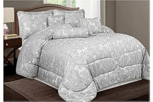 Opulent Living 7-Piece Jacquard Floral Comforter Bedding Set – Includes Bedspread, Valance Sheet, Pillow Shams, Cushion Cover, Decorative Pillow & Neck Pillow (Grey, Double, Petal)