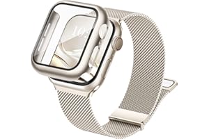 Raradev 3-in-1 Compatible with Apple Watch Metal Straps 41mm with Case & Screen Protector, Dual Magnetic Band and Protective Cover with 9H Tempered Glass for iWatch Series 9/8/7, Starlight