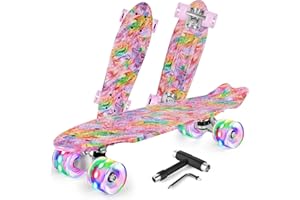 BELEEV Skateboard Complete 22 x 6 Inch Mini, para Niños, Adolescentes, Principiantes, Ruedas con luz LED de PU con Herramienta en T para Patines Todo en Uno, Monopatín 55cm