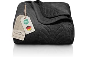 Gräfenstayn Colcha bouti 200x220 cm – cubrecama Acolchado sin Costuras con diseño de Hojas – Manta Decorativa Moderna para Cama o sofá – antirrugas y fácil de cuidar (Negro)