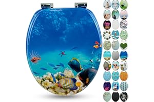 Sanfino® Premio Sedile WC ammortizzato - Copriwater Universale di alta qualità in legno, tanti motivi colorati, seduta comoda, facile da montare con istruzioni di montaggio incluse - "Coral Reef"