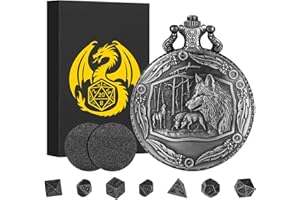 KELLER & WEBER Mini Set di Dadi DND, Lupo Conchiglia per Orologio da Tasca Steampunk, 7 Dadi in Metallo Poliedrico per D&D, Regali DND con Confezione Regalo, Accessori per Giochi da Tavolo di Ruolo, Argento Scuro