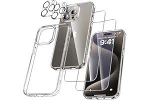 UniqueMe für iPhone 15 Pro Hülle, 5-in-1-Set Handyhülle für iPhone 15 Pro Case Rundumschutz Schutzhülle Cover, 1 Handyhülle & 2 Schutzfolie & 2 Kameraschutz - Transparent
