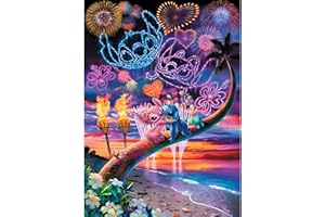 QINRUBB DIY Dessin Animé Peinture Diamant Painting Kit, Stitch Art du Diamant Complet Kits, Feu D'artifice Diamond Art Kits Strass Point de Croix Painting pour Adultes Débutants Maison Décor 30X40cm