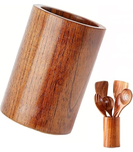 Porte-Ustensiles Cuisine Bois De Manguier 12,7 X 12,7 X 15,2 Cm - Organisateur Comptoir Élégant