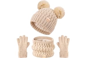 Tontuland Kinder Wintermütze Schal Handschuhe Set Kinder warm stricken Fleece gefüttert PomPom Hut für Kinder im Alter von 3-9, perfekt für Jungen und Mädchen