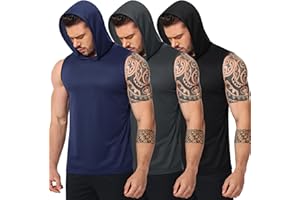 UEEKO Lot de 3 débardeurs à capuche de sport sans manches pour homme - Sweat à capuche - Gym - Entraînement - Fitness - Muscle - Maillot de corps - Séchage rapide - Respirant