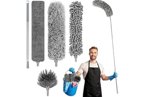 QUAZARPYON Plumeau TéLescopique Lavable, 5 PièCes, Microfibre avec Balais d'angle Flexibles, Nettoyeur De PoussièRe pour Interstices, Plumeau Anti-Toiles D'AraignéE, Extensible Jusqu'à 2,52M
