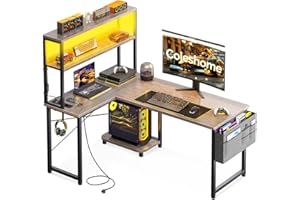 Coleshome Bureau Gaming Angle avec LED et Prises, 110 × 80 cm Bureau Gaming Réversible avec Étagères, Table en L avec Sac de Rangement et Crochet pour Le Travail à Domicile et Gaming, Chêne Gris