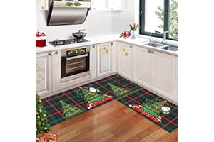 CAROMIO Drzewka, płatek śniegu, choinka, Boże Narodzenie, maty kuchenne, zestaw 2 sztuk, dekoracja zimowa, niskoprofilowe, antypoślizgowe dywaniki kuchenne na podłogę, 40 x 60 + 40 x 120 cm, zielone