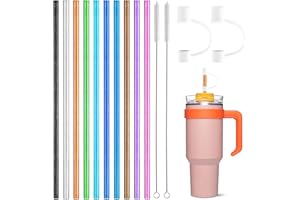 TAIXING Zestaw 10 błyszczących, długich, wielokrotnego użytku, kolorowych twardej słomki do akcesoriów Stanley Cup, z 2 szczotkami do czyszczenia i pokrywami.