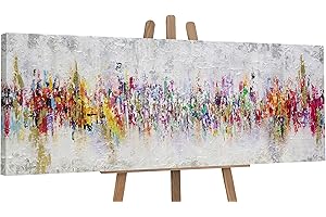 YS-Art Abstrakt Acryl Gemälde auf Leinwand handgemalt Abstraktion II Wandbilder Wohnzimmer moderne farbenfrohe Skyline Wohndekor Bilder echte Kunst 150x50 cm