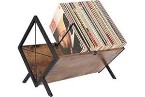 bssmmai Vinyl Record Storage Rack, 80-100 LP Vinyl Record Holder with Anti-Slip Mat, Wooden Record Shelf with Adjustable Divider for Album, CDs, Books, Mags, Files - Brown