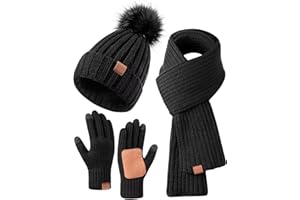FISFET Mütze, Schal & Handschuh-Sets für Damen, Beanie Mütze Damen Winter mit Bommel Fleece Gefütterte, Touchscreen Handschuhe Schal Wärmer Mütze Damen 3 in 1 Set