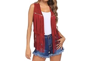 Springcmy Gilet da donna con frange gilet anni '70 hippie costume senza maniche cowgirl western finta pelle scamosciata nappa capispalla cardigan streetwear