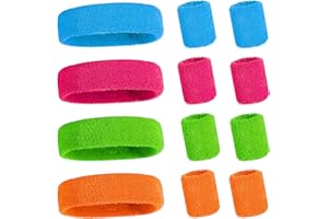 Pizsieat 12 Stück 80er Schweißband Handgelenk Neon Schweißbänder Stirnband und Armband Absorbierende Sport Fitness Schweissband Stirn für Handball Fußball Tennis Basketball (4 Farben)