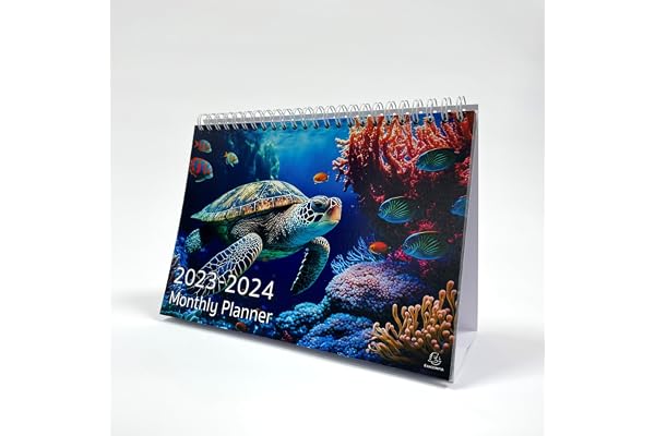 Exacompta - Réf GS045Z - Calendrier de bureau mensuel - Motif tortue de mer - Mois par page y compris les jours fériés britanniques - 210 mm x 150 mm - Se pose en toute sécurité sur un bureau/étagère