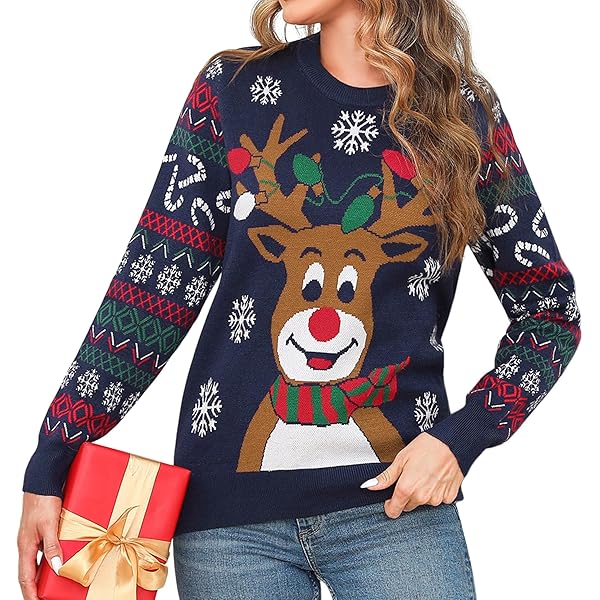 Pull Noël Femme Tricot Mode Décontractée Graphique Col Rond Manches