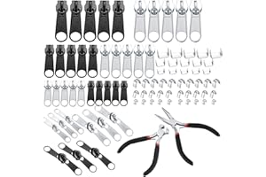 PZIHAO 86 Pieces Zipper Repair Kit, Metal Zipper Slider Replacement Kit, Zip Puller Tabs Fixer with Zipper Pliers, Zipper Pulls Set for Repair Jeans, Coats Zipper - Silver/Black
