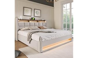 AUTHERIA Letto Matrimoniale con Contenitore 180x200 cm con LED e USB, Letto una piazza e mezza con Vano Portaoggetti e Testiera, Letto contenitore con spazio e rete a doghe, Struttura Letto Matrimoniale