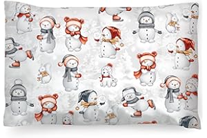 PinkZebra Federa per cuscino natalizio, 30 x 50 cm, in 100% cotone, per bambini e adulti, con chiusura lampo, motivo: pupazzi di neve