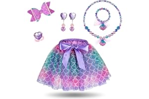 HIFOT Kostium syrenki dla dziewczynki z opaską na włosy, naszyjnik, bransoletka, pierścionek, zestaw biżuterii, tiulowa spódniczka dla dzieci, sukienka księżniczki, na Halloween, karnawał, Cosplay,