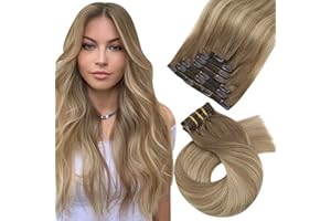 Moresoo Extension a Clip Cheveux Naturel Balayage Brun Clair avec Blond Platine Extension Cheveux Naturel Humain Clips Extension Clip Ombre 40 cm #8/22/8 7 Pièces/120g