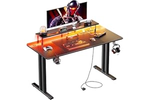 HLFURNIEU Bureau Gaming LED, Bureau Gamer avec Prise Intégrée & Port USB, 120 x 60 cm Table Ordinateur Ergonomique avec Support de Moniteur, Porte Gobelet, Crochet pour Casque, Noir