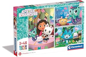 Clementoni- Gabby'S Dollhouse Supercolor Dollhouse-3x48 Enfants 5 Ans, Boîte De 3 (48 Pièces), Puzzle Dessin Animé-Fabriqué en Italie, 25289, Multicolore