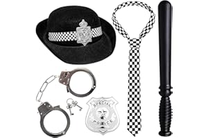 Horolam 5 PCS Police Costume Accessories, Police Hat with Handcuffs Badge Baton Check Tie for Adults for Cosplay Dress Up