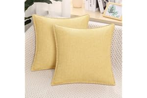 decorUhome Set of 2 Linen Cushion Covers 45X45cm,Decorative Outdoor Plain Vintage Cushion Covers with Stitched Edges, Square Farmhouse Neutral Pillow case 18x18 Inch for Sofa,Mustard Yellow
