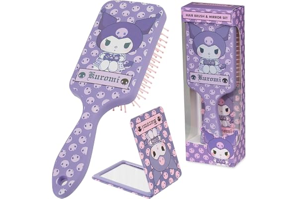 Hello Kitty Sanrio Set Brosse Cheveux et Miroir Fille ou Femme, Brosse Démêlante (Kuromi Brosse & Miroir)