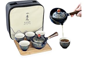 fanquare Servizio da Tè Portatile da Viaggio in Porcellana, Set da Tè Kungfu Floreale in Oro, 1 Teiera, 4 Tazze da Tè e Vassoio da Tè in Bambù con Borsa, Verde Scuro