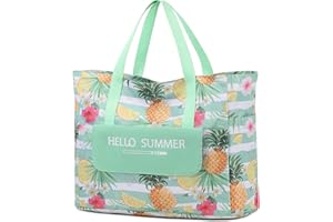Myhozee Borsa Mare Grande xxl Famiglia,Borsa da Spiaggia Donna， con chiusura lampo, borsa estiva da spiaggia, impermeabile, per piscina,gite in spiaggia picnic viaggi Foglia verde (Ananas)